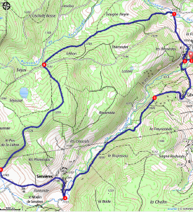 Carte de la boucle : depuis Pontajou, le tracé descend vers Giberges et Servières le long du ruisseau, remonte à l'ouest vers Mourenne, puis revient au nord-est par Lébon et Saugne Neyre.