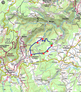 Carte de la boucle : depuis Sauzet, le tracé s'enfonce vers l'ouest dans la forêt jusqu'à La Besseyre-Saint-Mary, remonte au nord vers La Soucheyre puis revient à Sauzet.