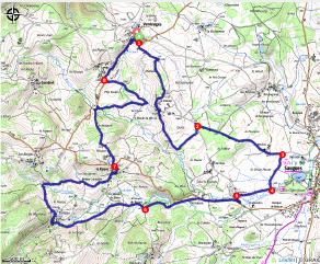 Carte de la boucle : le tracé part de Venteuges, descend vers Mézères et Saugues à l'est, passe au sud par le moulin du Tissirou et le hameau de Pontajou, remonte par le Rouve et revient à Venteuges par Lavès.