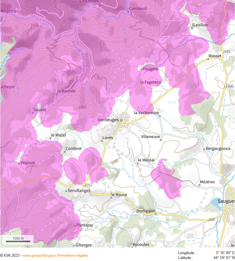 Carte du zonage des obligations légales de débroussaillement sur la commune de Venteuges. Les secteurs concernés, figurés en rose, couvrent principalement la moitié ouest du territoire communal, autour des hameaux de la Bastide, Sauzet, le Mazel, Combret, Pépinet et Servillanges, ainsi que plusieurs secteurs au nord vers Fougère et la Fagette.